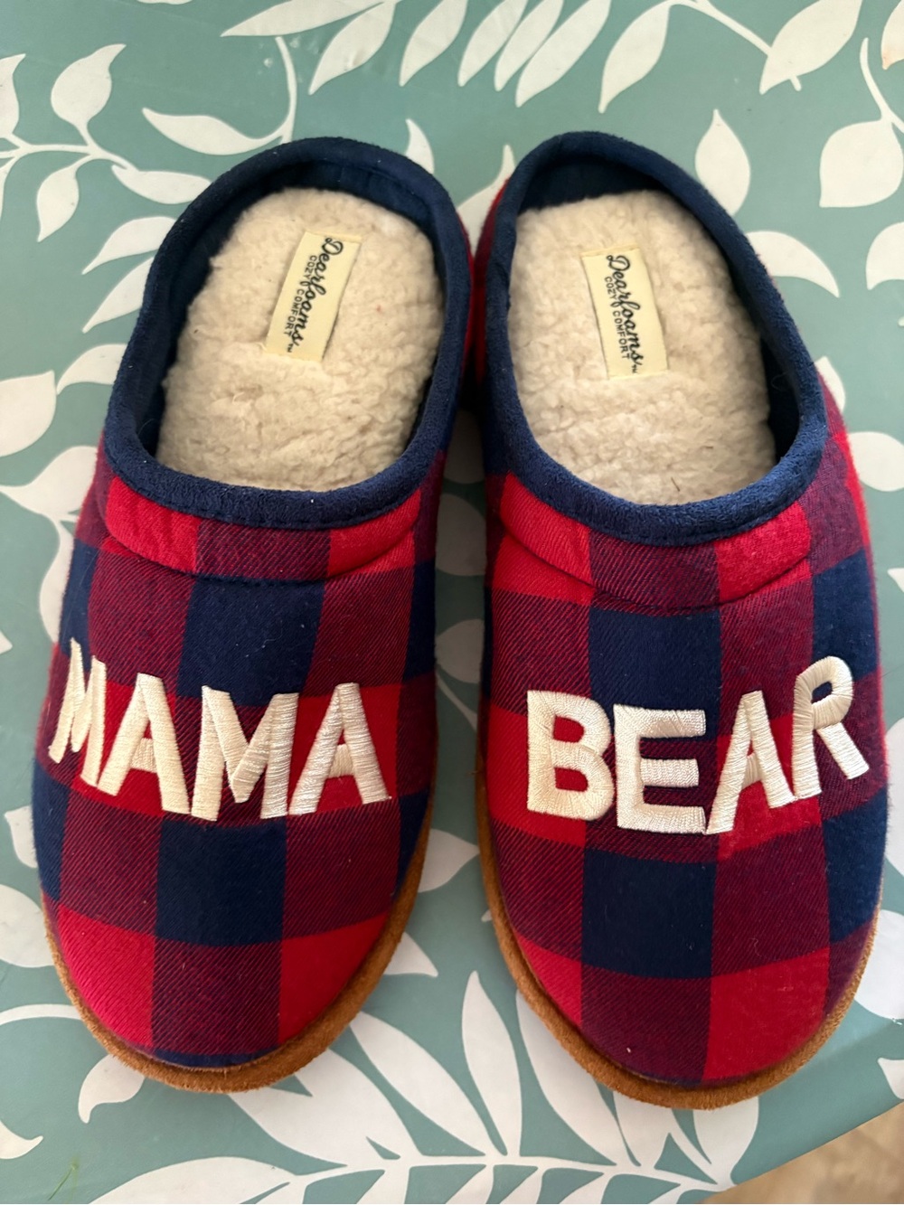 Dearfoams Red & Navy Plaid "Mama Bear" Women’s Slippers